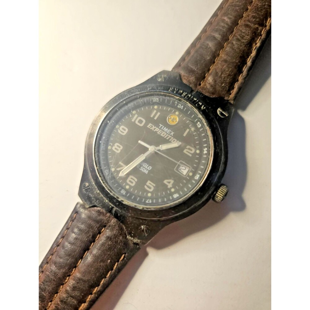 Timex Expedition Indiglo WR 50M Men's Watch Black Dial Brown Leather Vintage